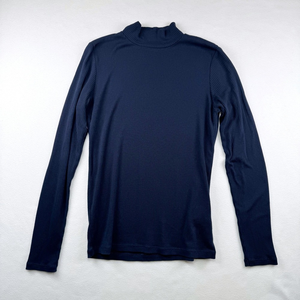 Uniqlo Heattech Navy Blue Basic‎ Mock Neck Ribbed Long Sleeve Top Womens Medium